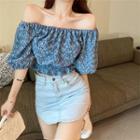 Puff-sleeve Off-shoulder Shirt Blue - One Size