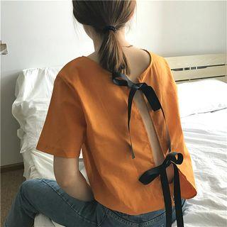Back-bow Linen Loose-fit Short-sleeve Top