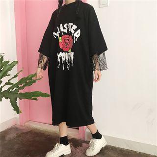Long-sleeve Lace Panel Printed T-shirt Midi Dress