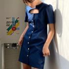 Short-sleeve Button Mini A-line Denim Dress