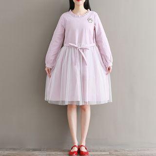 Paw Embroidered Long-sleeve A-line Dress
