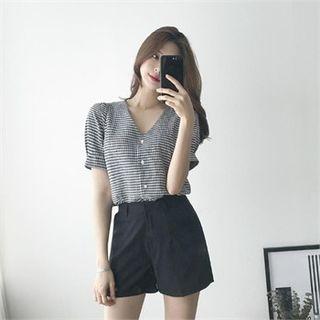 V-neck Puff-sleeve Gingham Blouse