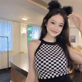 Checker Printed Knit Tank Top Checker - Black & White - One Size