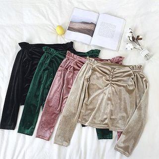 Plain Off-shoulder Frilled Velvet Long-sleeve Top