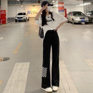 Checkerboard Trim Bootcut Jeans