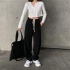 Plain Long-sleeve T-shirt / Drawstring Straight-fit Pants