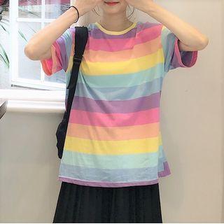 Short-sleeve Striped T-shirt Purple & Pink & Yellow - One Size