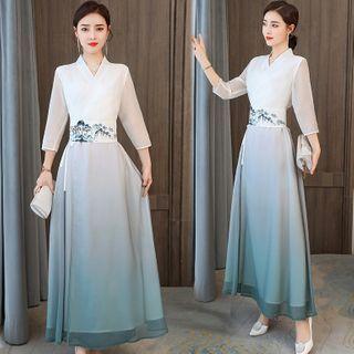 3/4-sleeve Ombre Midi A-line Dress