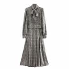 Long-sleeve Tie-neck Plaid Belted Midi A-line Dress