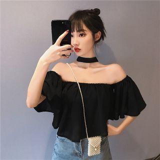 Halter-neck Off-shoulder Chiffon Crop Top