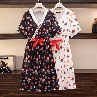 Elbow-sleeve V-neck Print Midi Sleep Dress