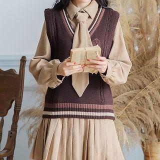 Set: Pleated Mini A-line Shirtdress + Sweater Vest