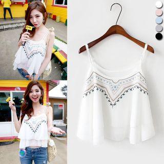 Sleeveless Embroidered Ruffle Top