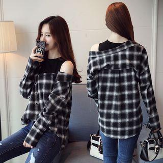 Long-sleeve Mock Two-piece Plaid Shirt