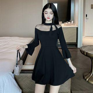 Flared-sleeve Mesh Panel Mini A-line Dress