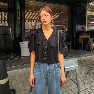 Frilled-collar Puff-sleeve Linen Blend Blouse