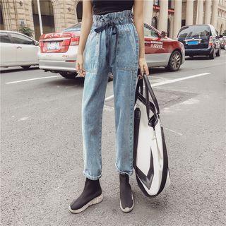 Set: Halter Knit Top + Drawstring High-waist Washed Jeans
