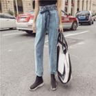 Set: Halter Knit Top + Drawstring High-waist Washed Jeans