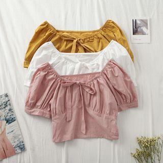 Plain Puff-sleeve Tie-neck Cropped Blouse