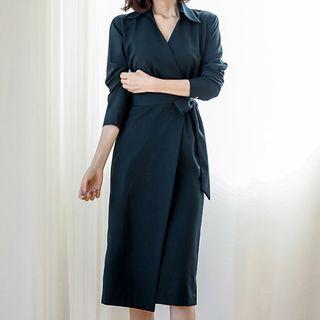 Long-sleeve Tie-front Midi Shirtdress