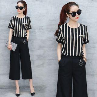 Set: Short-sleeve Striped Top + Wide-leg Pants