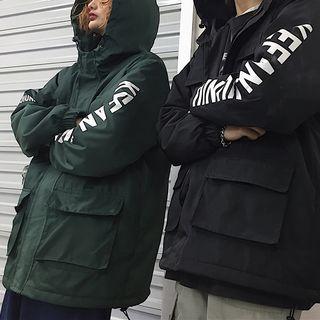 Lettering Pocketed Hooded Zip Jacket