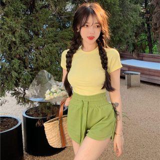 Plain Round-neck T-shirt / High Waist Drawstring Shorts