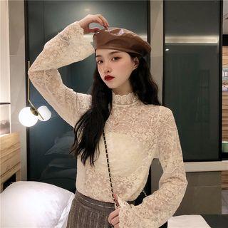 Mock-turtleneck Long-sleeve Lace Top Almond - One Size