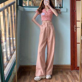 Short-sleeve Cropped Cardigan / High-waist Wide-leg Pants