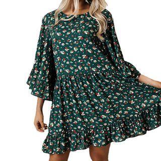 Wide-sleeve Print A-line Dress