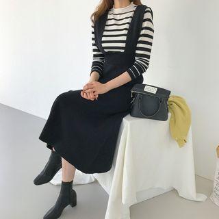 Set: Long Knit Jumper Dress + Striped Top Black - One Size