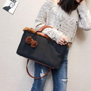 Denim Pompom-accent Tote