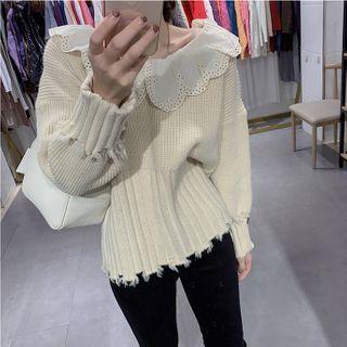 Lace Collar Distressed Sweater