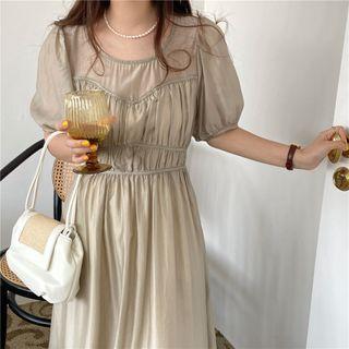 Lantern-sleeve Plain Shirred Dress