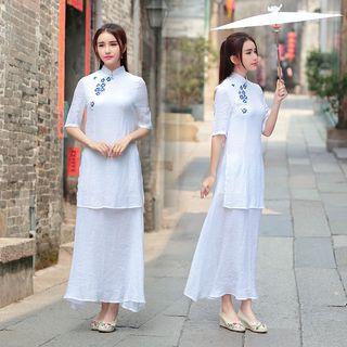 Elbow-sleeve Embroidery Layered Dress