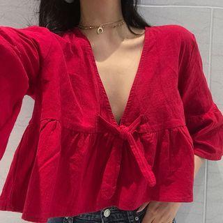 V-neck 3/4-sleeve Blouse Red - One Size