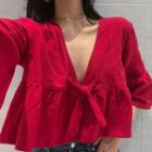 V-neck 3/4-sleeve Blouse Red - One Size