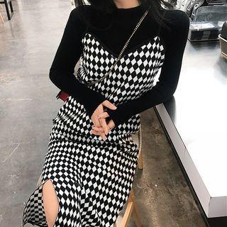 Plain Long-sleeve Knit Top / Checked Midi Pinafore Dress