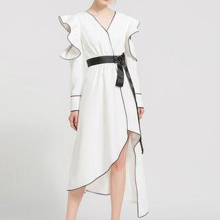 Ruffled Cut Out Long-sleeve A-line Midi Dress
