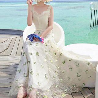 Set: Sleeveless Ruffled Mesh Paneled Top + Embroidered Mesh A-line Midi Skirt
