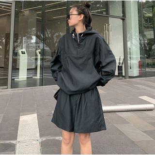 Set: Half-zip Loose-fit Hooded Top + Shorts Dark Sea Blue - One Size