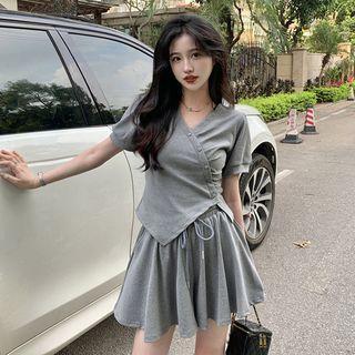 Set: Short-sleeve Drawstring T-shirt + Wide Leg Shorts