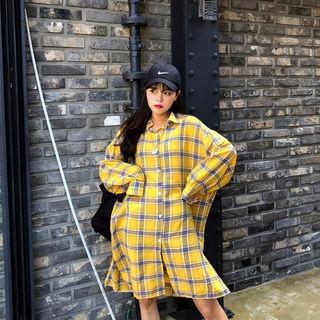 Balloon-sleeve Printed Plaid Midi Shirtdress