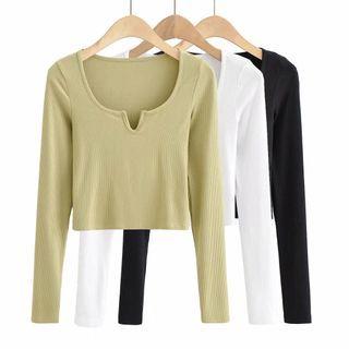 Long-sleeve Split-neck Cropped T-shirt
