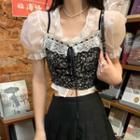 Flower Print Cropped Camisole Top / Short-sleeve Lace Trim Blouse / Mini Pleated Skirt