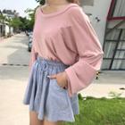 Set: Off-shoulder Long-sleeve T-shirt + Drawstring Shorts