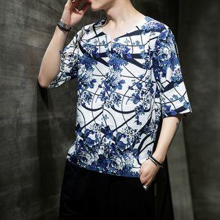 Flower Print Elbow-sleeve Linen Top