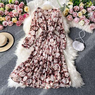 V-neck Floral Ruffle Dress