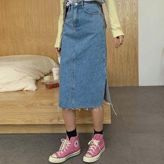 Heart Embroidered Frayed Midi A-line Denim Skirt