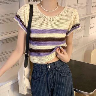 Short-sleeve Striped Crochet Knit Top Purple & Black & White - One Size